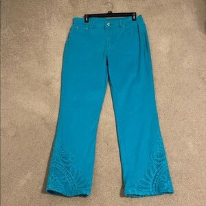 DG2 by Diane Gilman Women's Turquoise Embroidered Flare Jeans Size 10 (Like New)